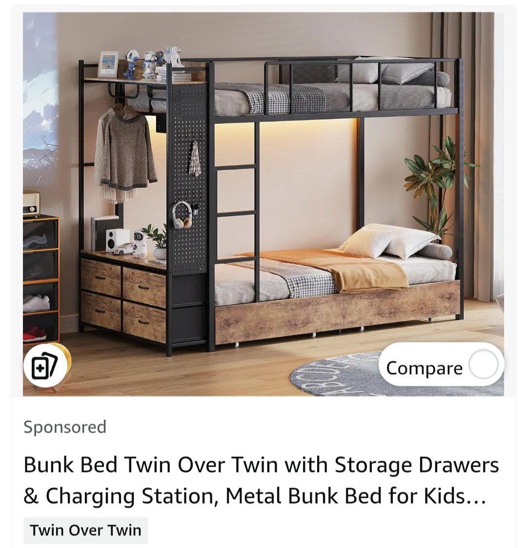 Twin Over Twin Bunk Bed with Drawers, Charging Station, and Closet - Metal Frame, 350lbs top & 450lbs bottom weight capacity