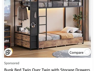Twin Over Twin Bunk Bed with Drawers, Charging Station, and Closet - Metal Frame, 350lbs top & 450lbs bottom weight capacity