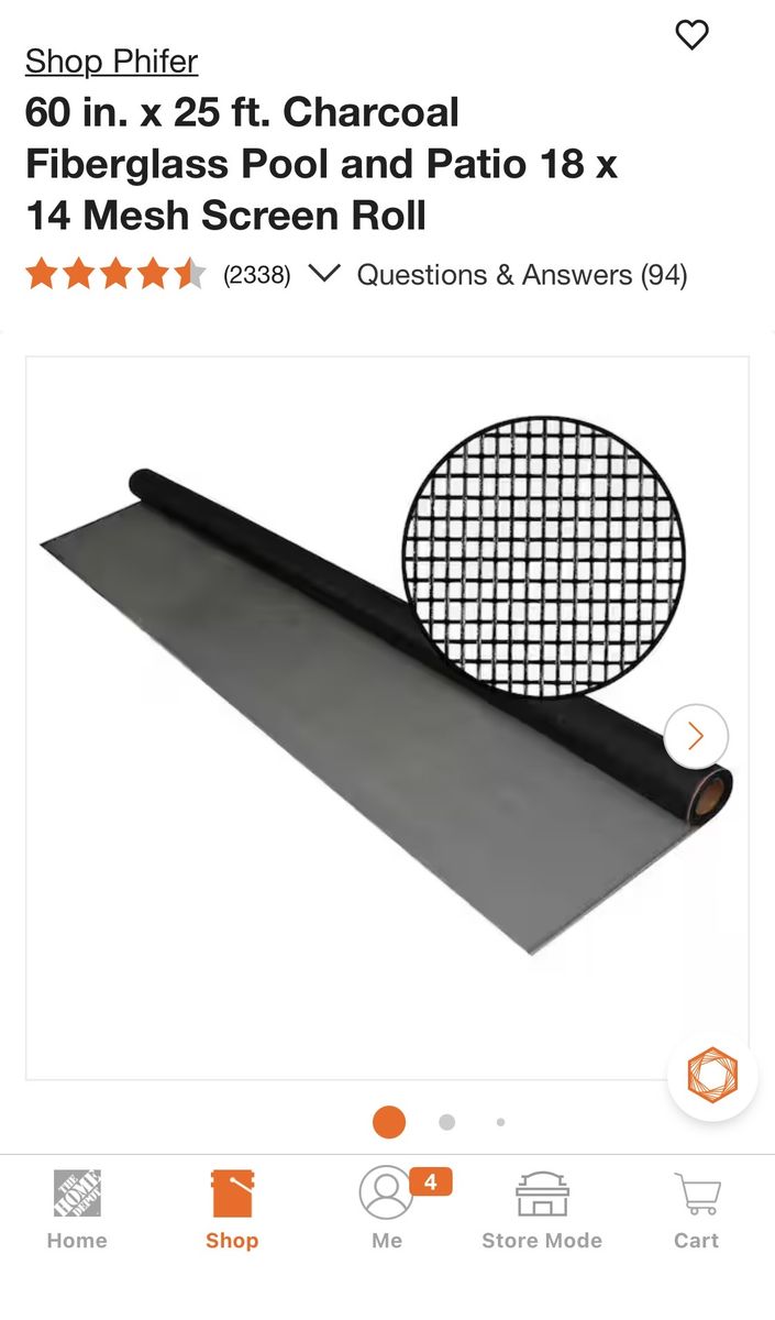 Phifer 60in. x 25ft. Charcoal Fiberglass Pool and Patio 18x14 Mesh Screen Roll