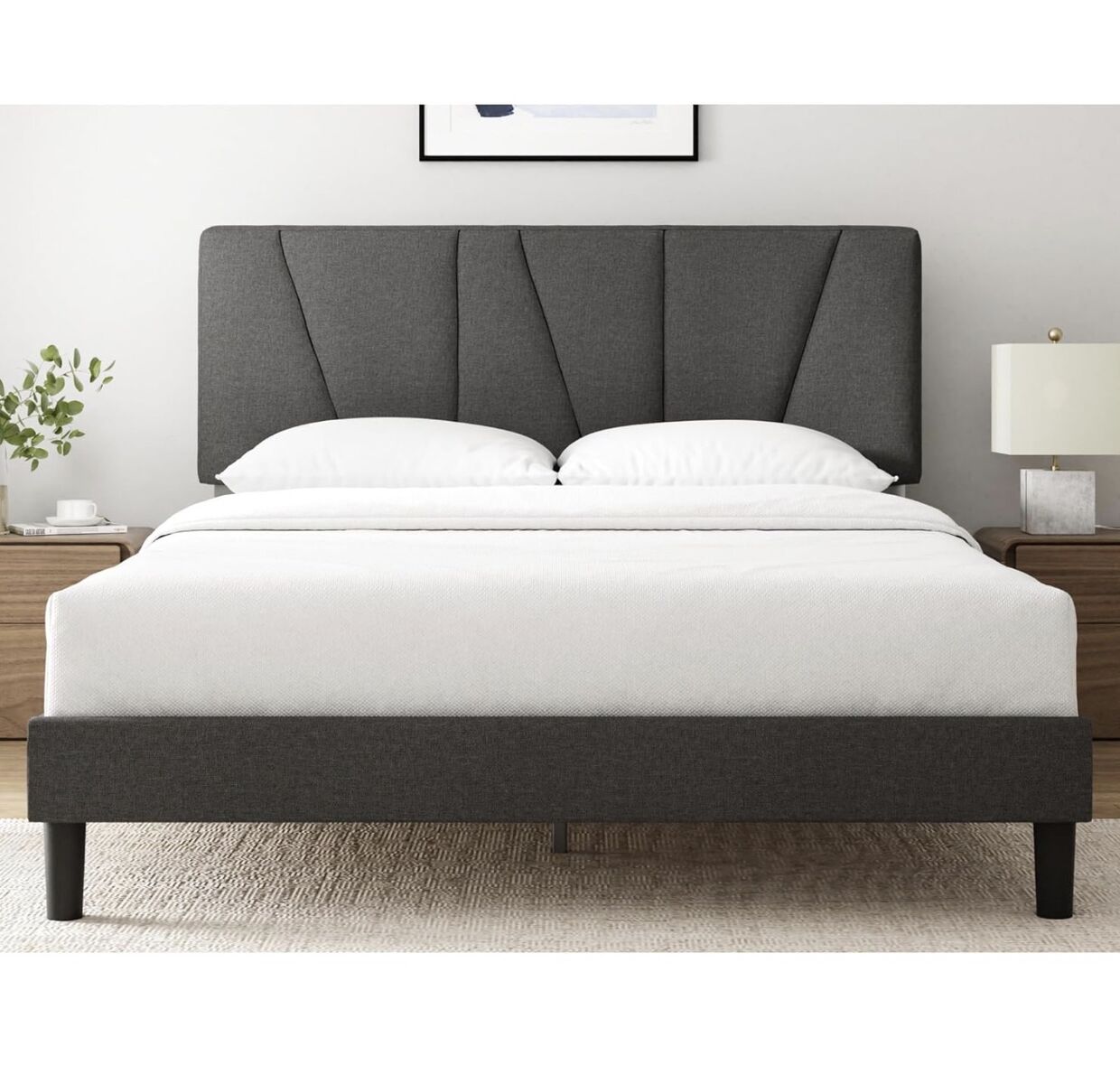 Zinus Queen Maya Upholstered Bed Frame with Asymmetric Headboard, Durable Wooden Slats, Sturdy Framework, Dark Grey