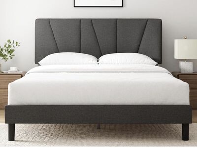 Zinus Queen Maya Upholstered Bed Frame with Asymmetric Headboard, Durable Wooden Slats, Sturdy Framework, Dark Grey