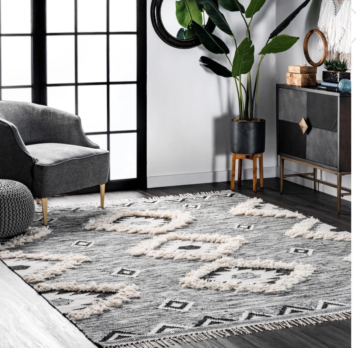 New. Bohemian Farmhouse 9x12 Wool Bubble Area Rug