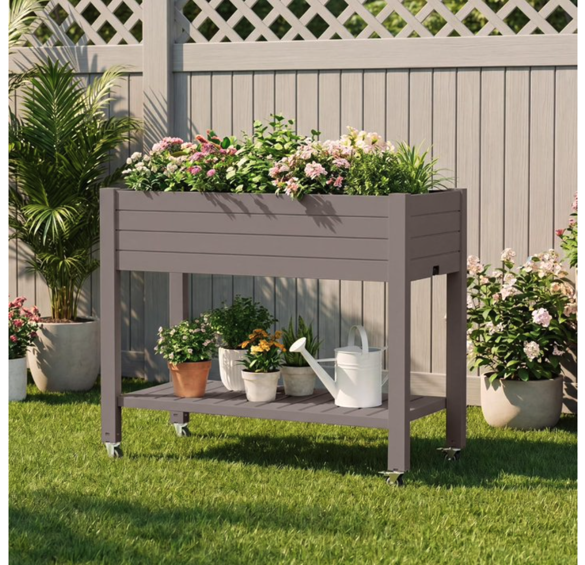 New Raised Garden Bed Outdoor with Wheels & Shelf, Divisible Resin Planter Box