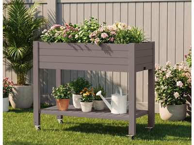 New Raised Garden Bed Outdoor with Wheels & Shelf, Divisible Resin Planter Box