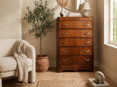 Vintage Art Deco 5-Drawer Waterfall Walnut Veneer Dresser Chest of Drawers w/Original Crescent Half Moon Hardware