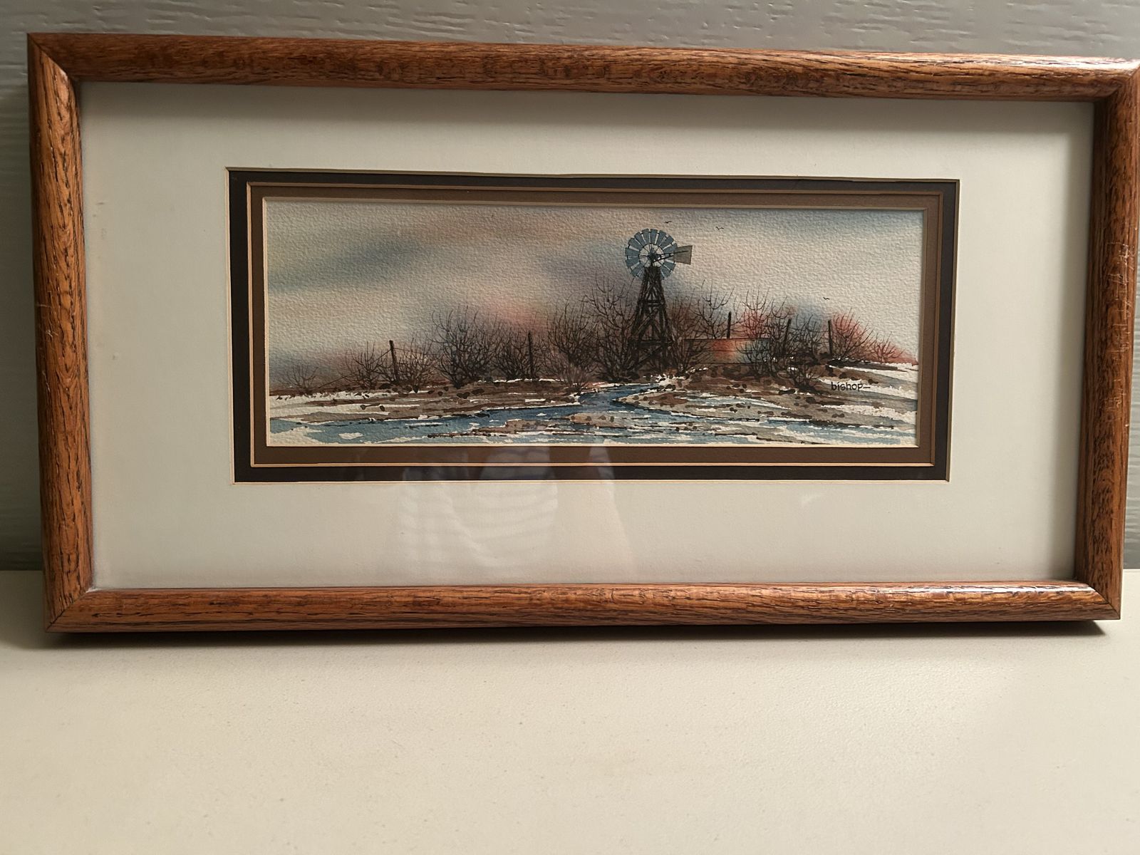 Framed Original Watercolor Panoramic Windmill Landscape – Signed “Bishop” (11"H x 21"W)