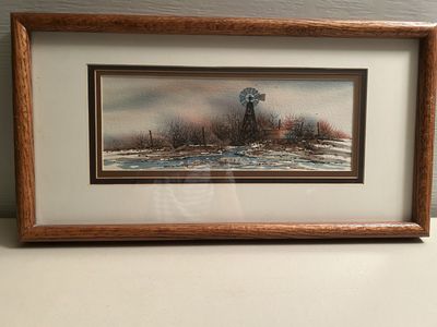 Framed Original Watercolor Panoramic Windmill Landscape – Signed “Bishop” (11"H x 21"W)