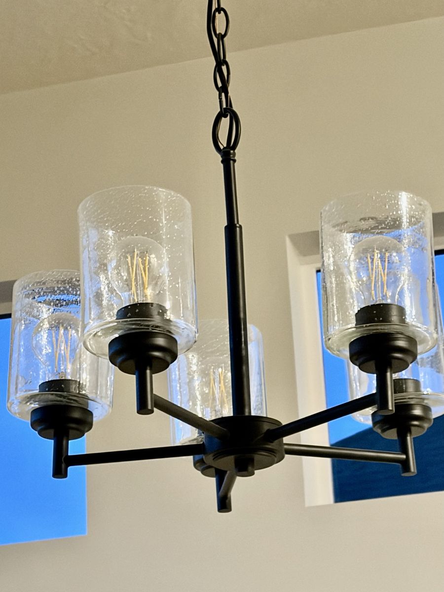 Brand New Modern Black 5-Light Chandelier with Seeded Glass Shades