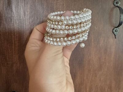 Layered Pearl and Rhinestone Wrap Bracelet