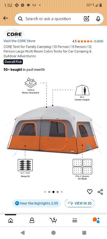 Core 10 Person Straight Wall Cabin Tent New!
