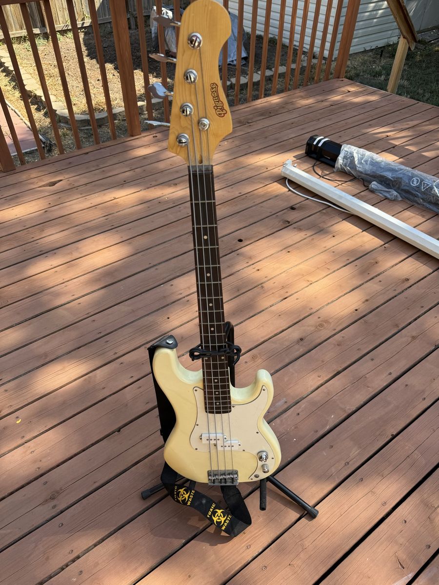 SX Bass Guitar White Precision Style Electric Bass with Toxic Waste Strap