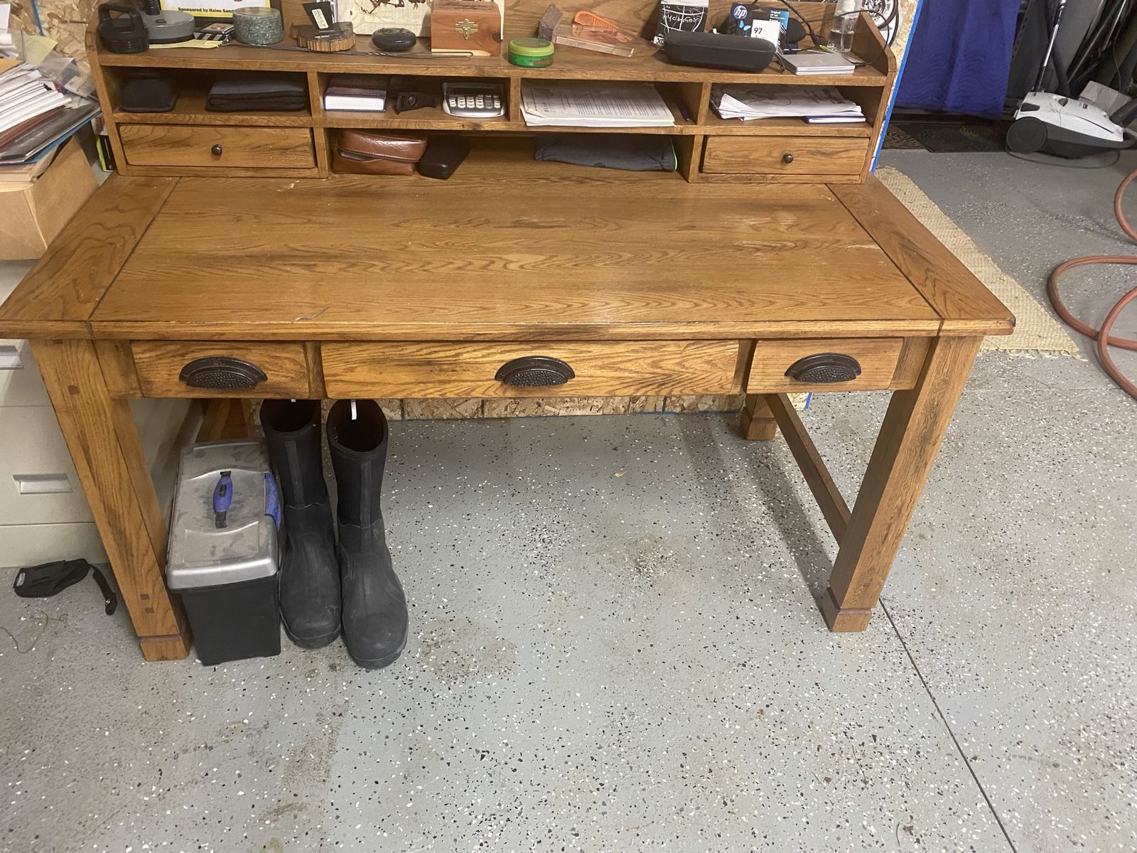 Solid Oak Desk with Hutch and Drawers - Vintage Wooden Office Furniture