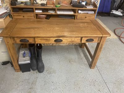 Solid Oak Desk with Hutch and Drawers - Vintage Wooden Office Furniture