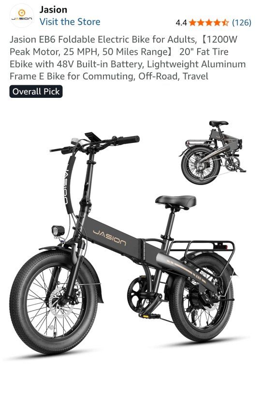 BRAND NEW Jasion EB6 Foldable Electric Bike for Adults.1200W Peak Motor, 25 MPH, 50 Miles Range
