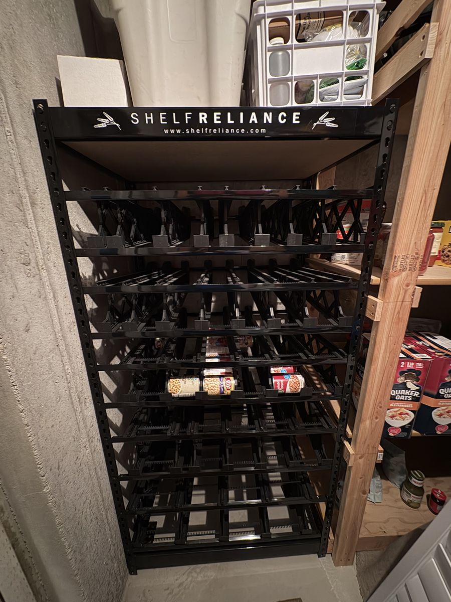 Like new large can organizer and rotation system - Shelf Reliance.