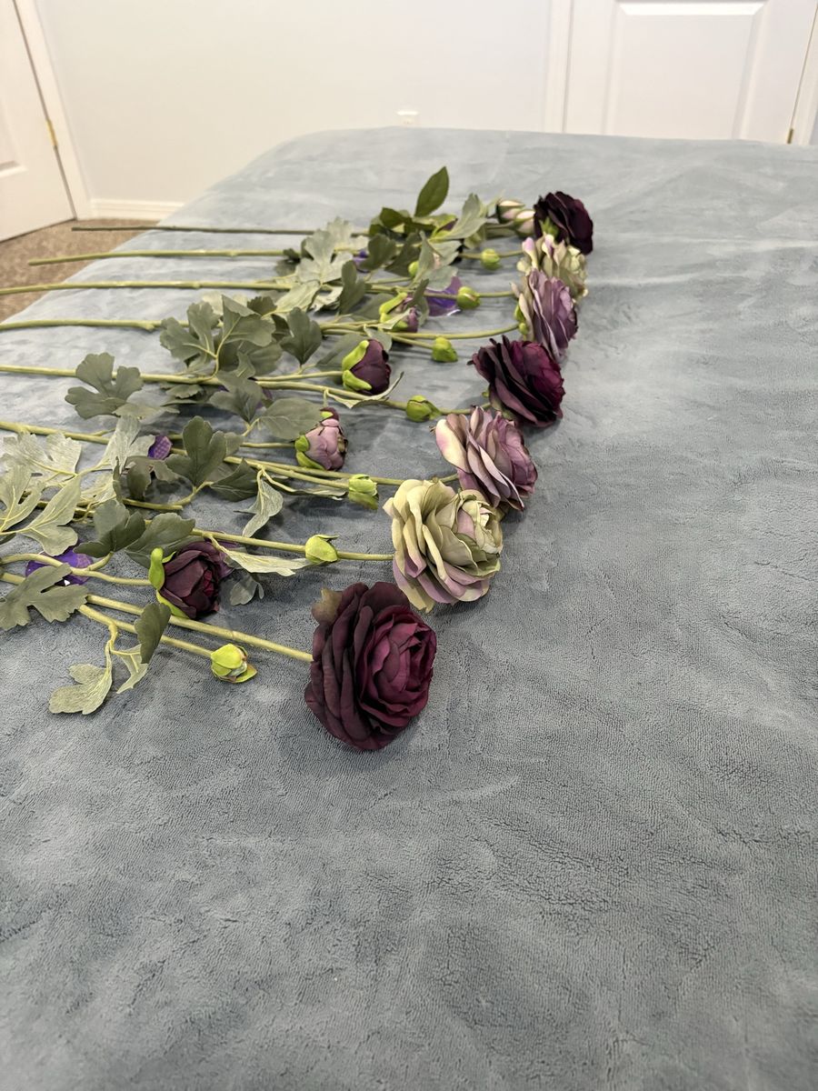 Artificial Flower Stems Set - Purple and Sage Green Faux Ranunculus Floral Sprays