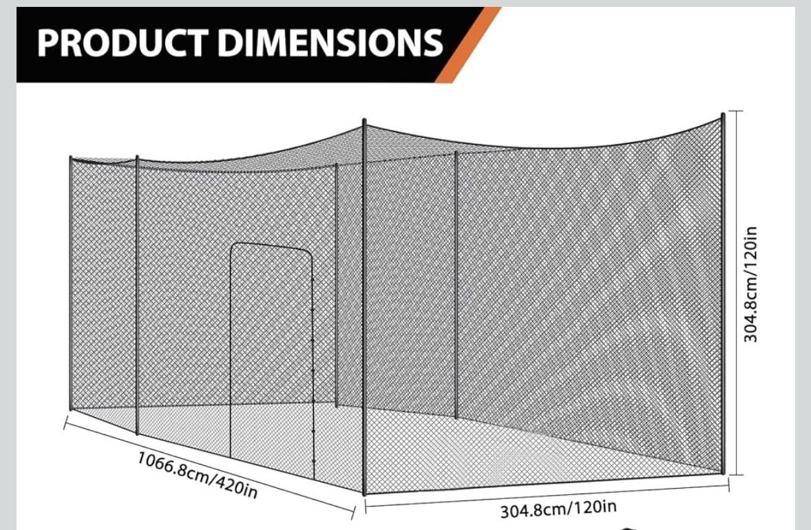 Baseball & Softball Batting Cage Net Backyard Practice Training 420in L x 120in W x 120in H  ( 10’ x 10’ x 35’ )