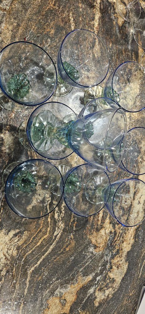 Vintage Blue Green Bormioli Rocco “Bahia” Crystal Glasses wine glasses goblets, beautiful Italian barware from the 80s, Bahi