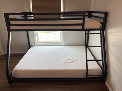 Black Metal Frame Single Over Double Bunk Beds - like new