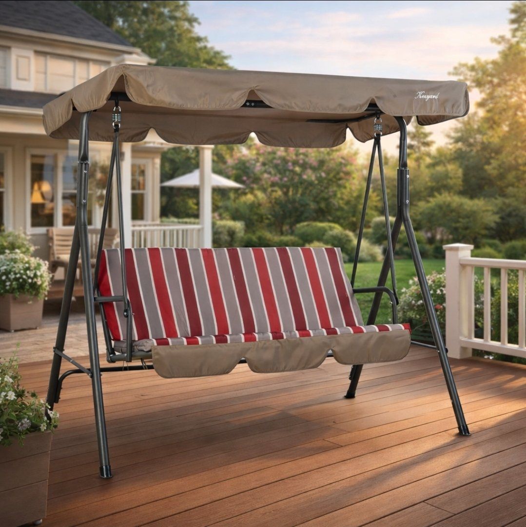 NEW Kozyard Alicia 3-Person Patio Porch Swing Chair w/ Adjustable Canopy – Red Stripe #457