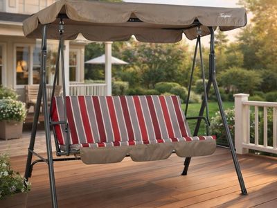 NEW Kozyard Alicia 3-Person Patio Porch Swing Chair w/ Adjustable Canopy – Red Stripe #457