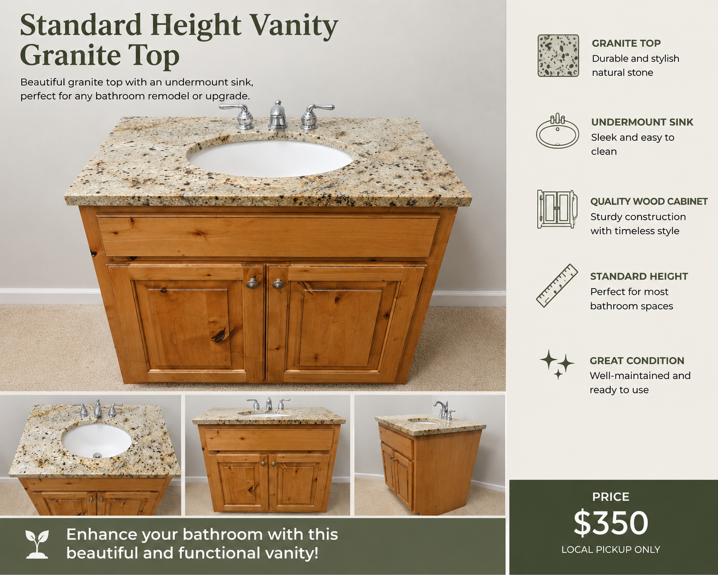 Solid Wood Bathroom Vanity with Granite Top  – $350 OBO
