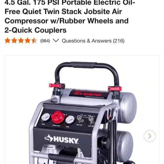 Husky 4.5 gallon 175 psi portable air compressor.