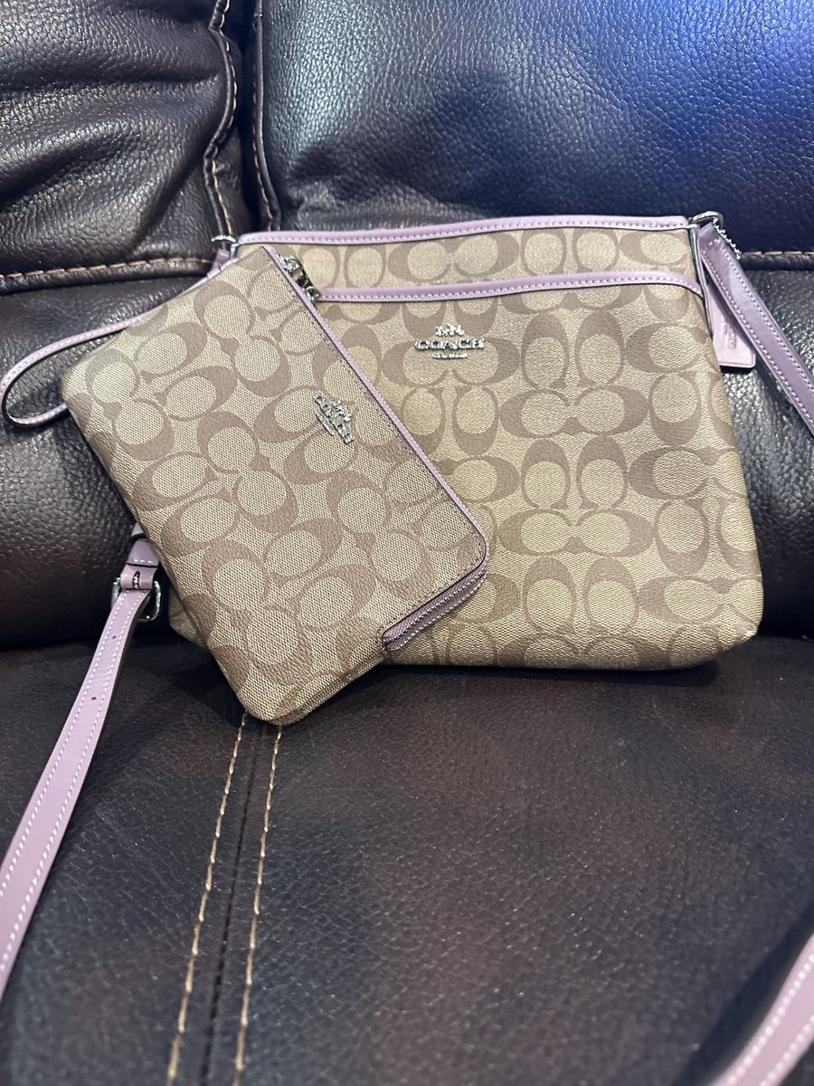 Coach Signature Canvas Lavender Trim Crossbody Bag & Wallet