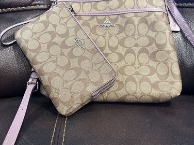 Coach Signature Canvas Lavender Trim Crossbody Bag & Wallet