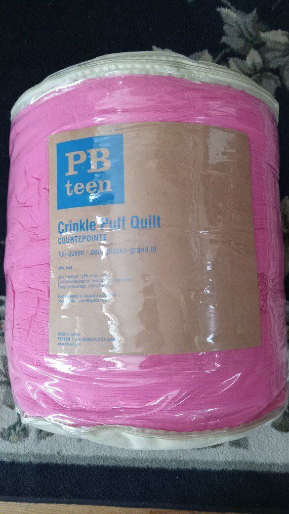 Full/Queen Quilt PB Teen Pink Crinkle Puff Thick Insulated Padded Blanket Comforter