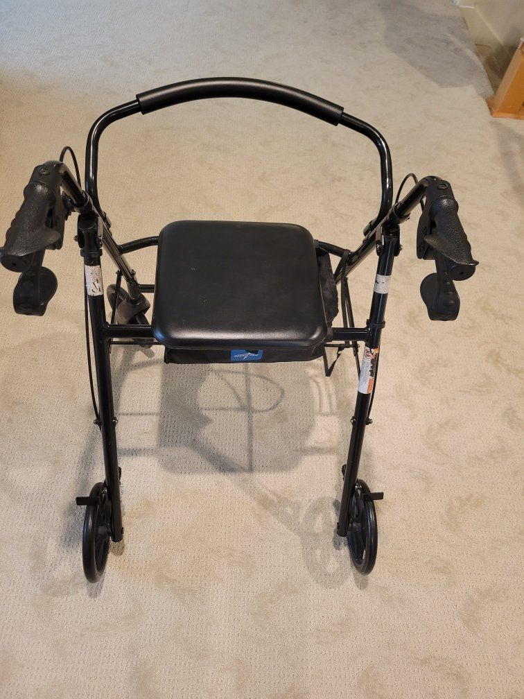 Medline Folding Four-Wheel Rollator Walker with Seat and Storage Pouch - Black