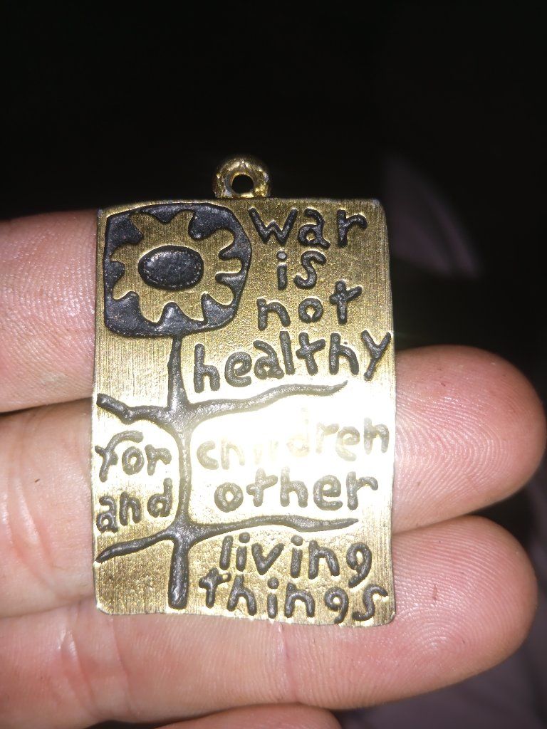 Vintage "War Is Not Healthy For Children" 1968 Peace Pendant, Gold Tone, Beverly Hills, CA