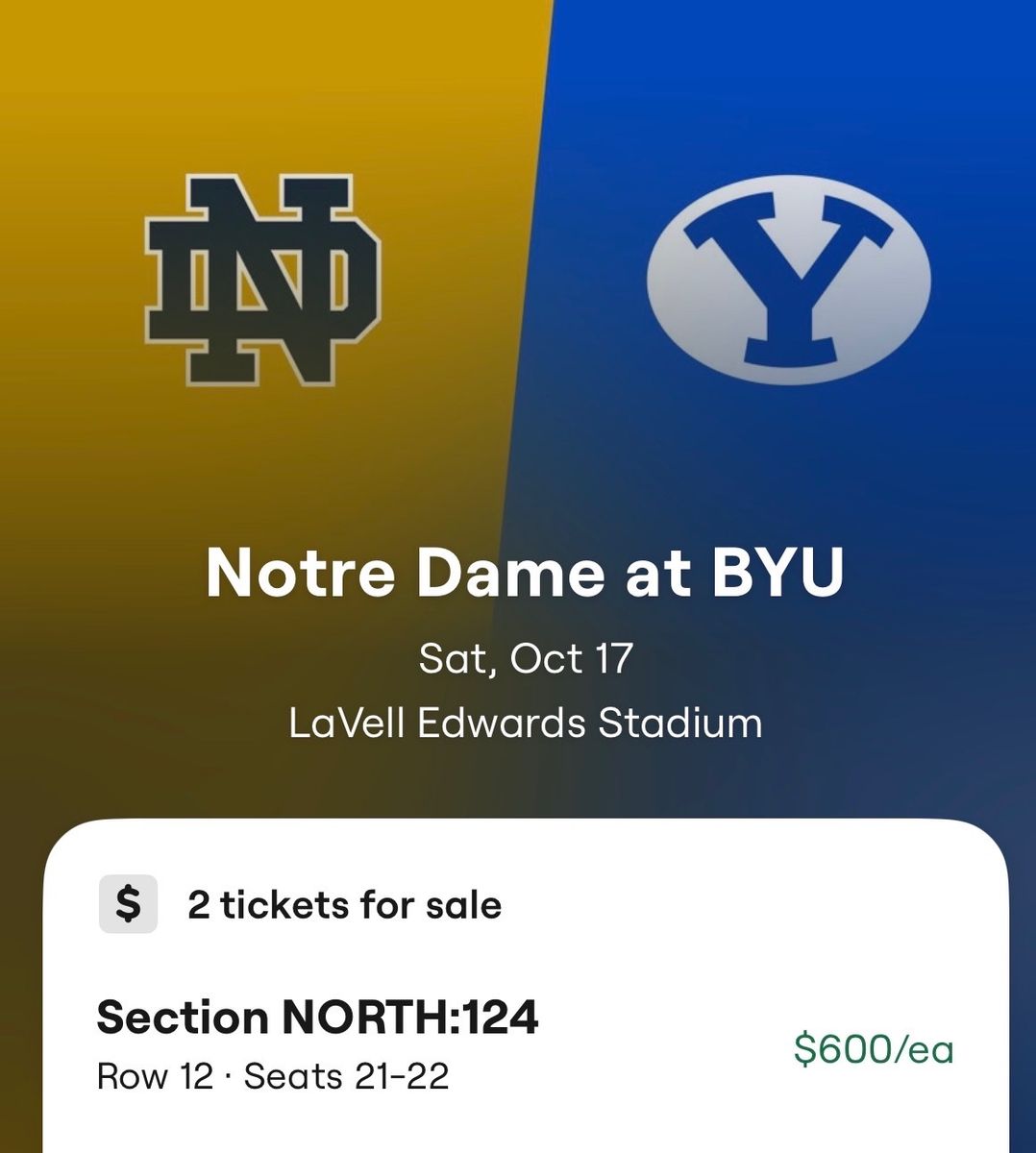 2 Tickets Notre Dame at BYU - Sat Oct 17 