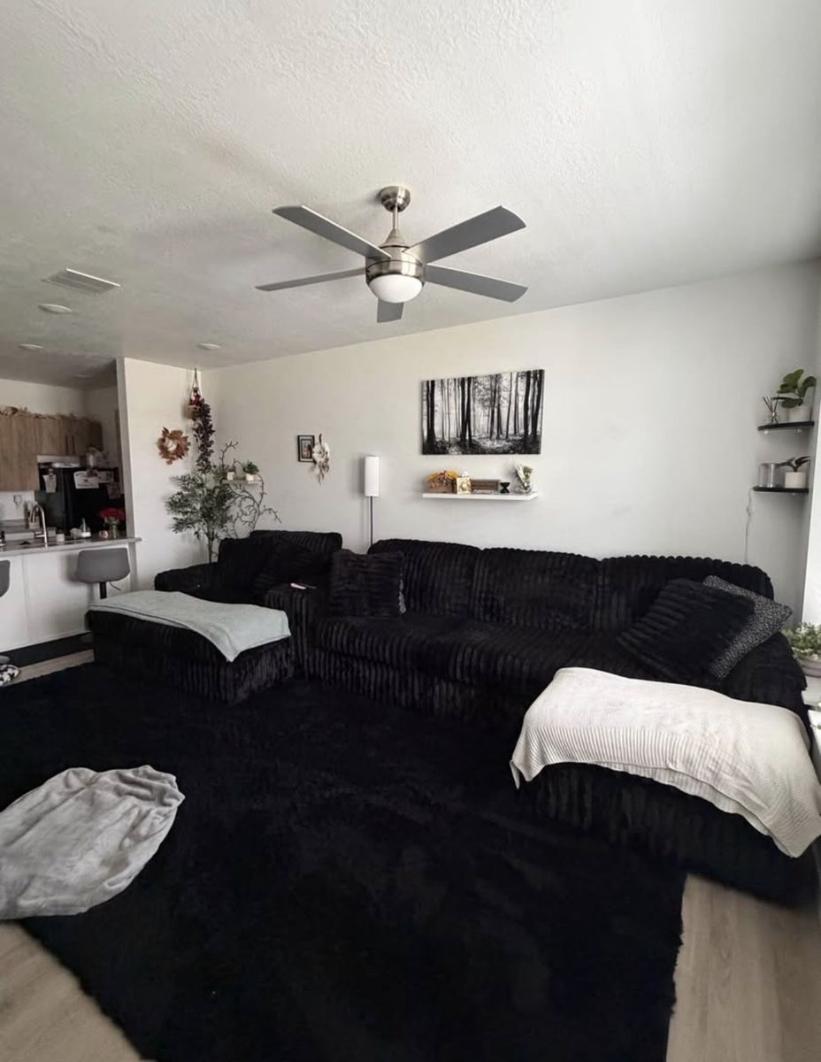 Black Minky Fabric Sectional Sofa Couch - 3-Piece Living Room Set W/ Stupendous Oversized Chair with cup holders.