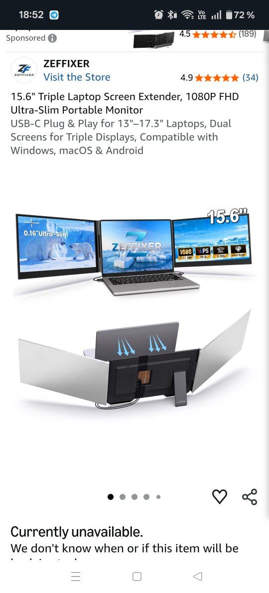 Zeffixer 15.6" Triple Laptop Screen Extender 1080P FHD Portable Monitor