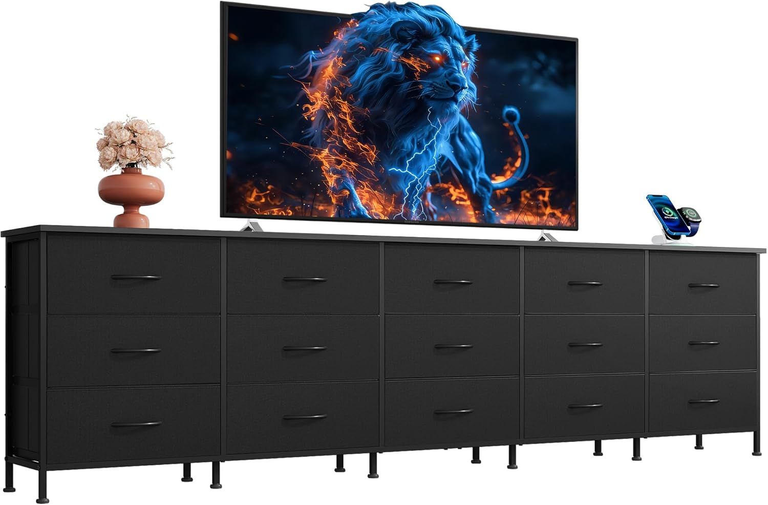 92 Inch Long Dresser / TV Stand for up to 98 Inch TV - 15 Fabric Drawers - Black