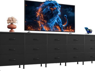 92 Inch Long Dresser / TV Stand for up to 98 Inch TV - 15 Fabric Drawers - Black