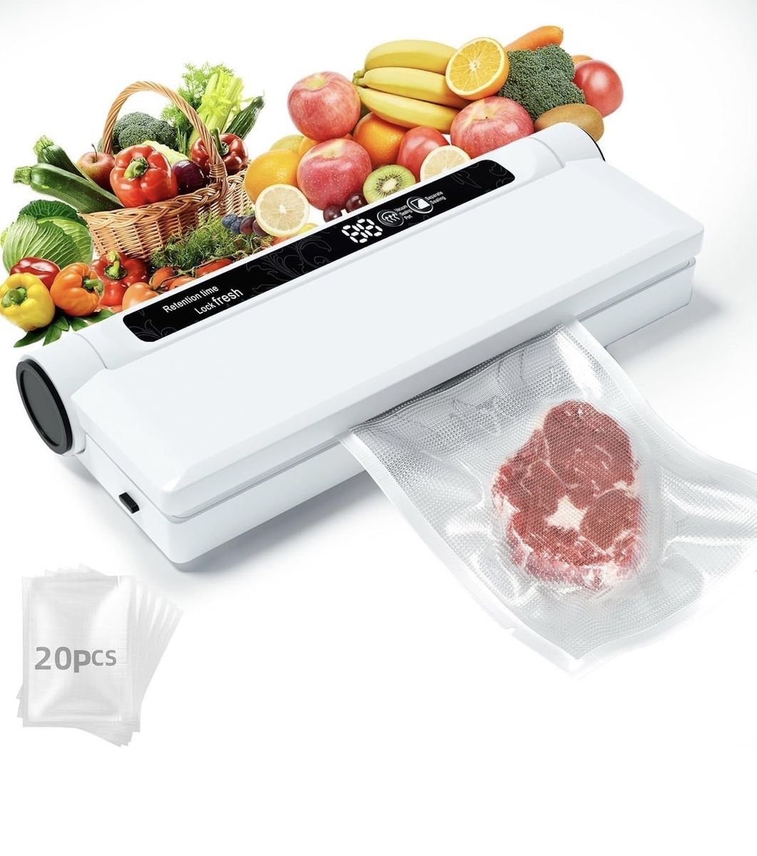Compact Vacuum Sealer Machine, 75KPA Strong Suction, LED Digital Timer Display, Dual Use for Dry & Wet Foods, Includes 20 Bags,