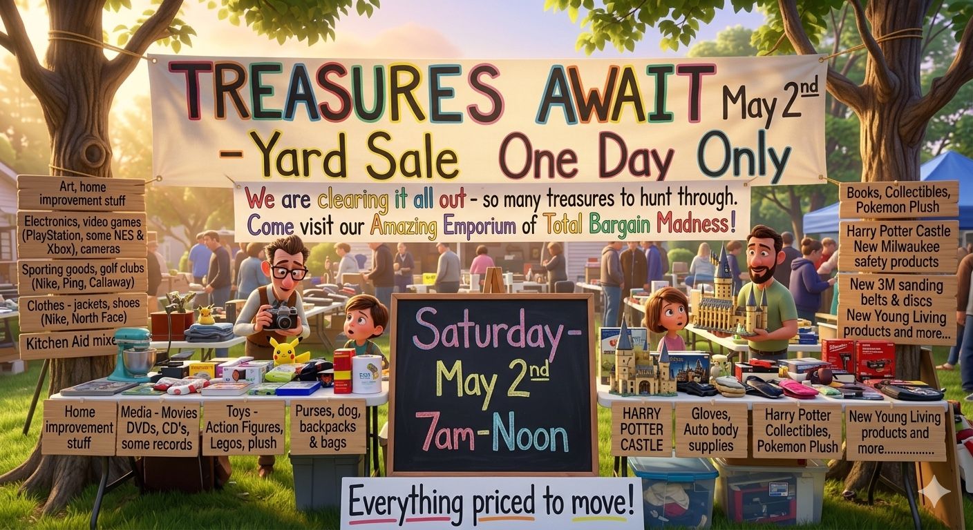TREASURES AWAIT - Yard Sale Saturday May 2nd