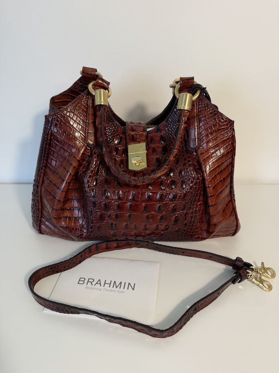 Brahmin Elisa Pecan Melbourne Croc Embossed Leather Satchel Shoulder Bag