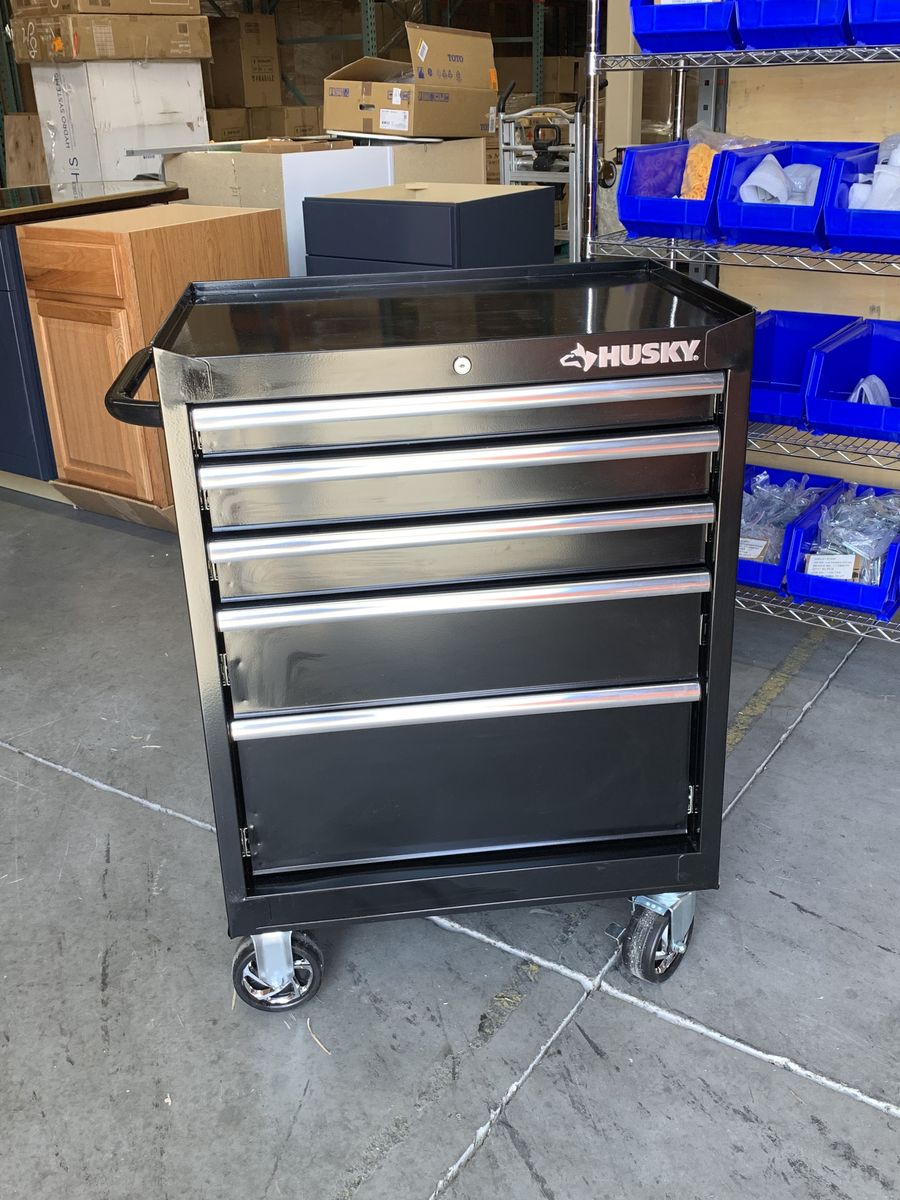 Husky Tool Storage 27 in. W x 18 in. D 5-Drawer Gloss Black Rolling Tool Cabinet