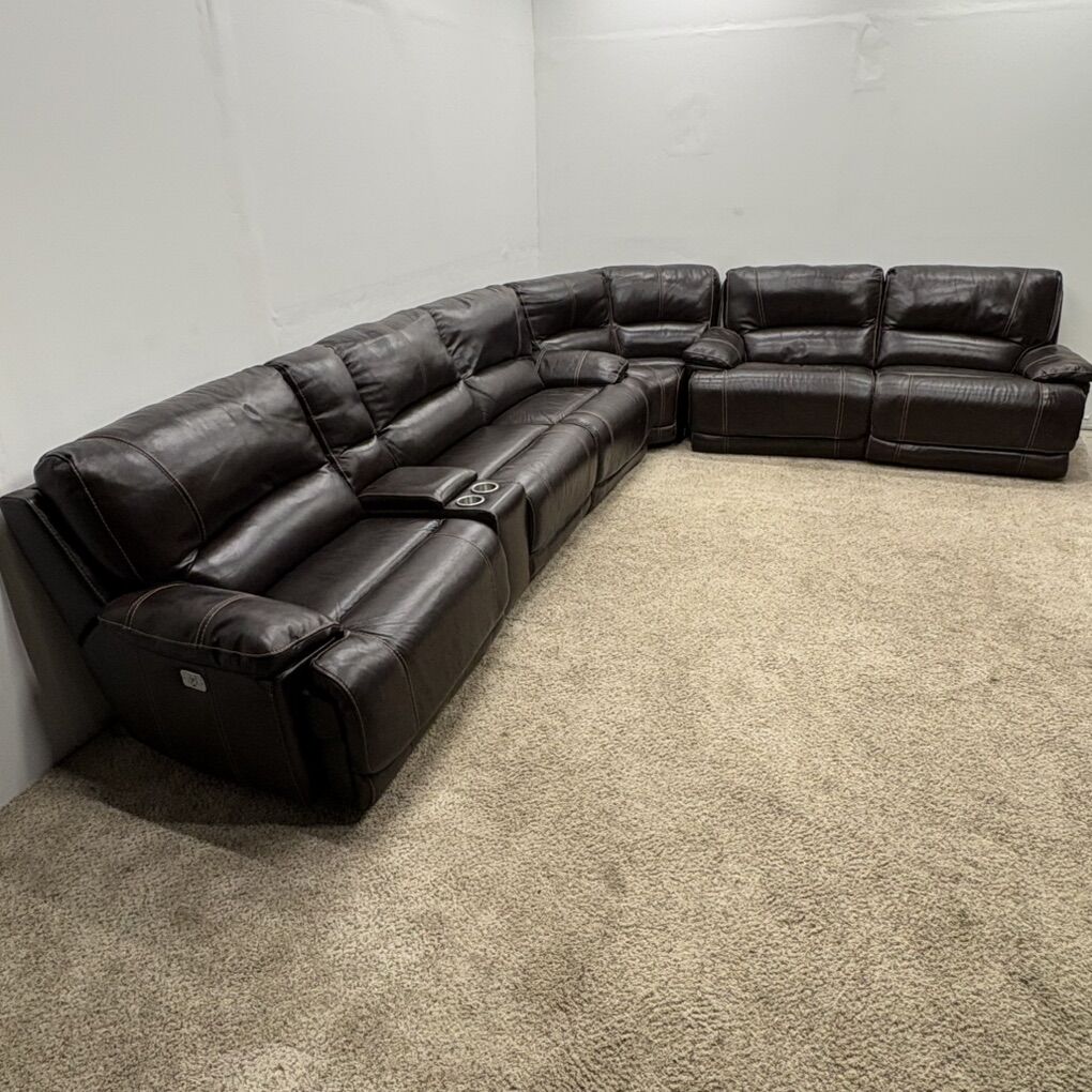 Large Dark Brown Leather Sectional With Recliners