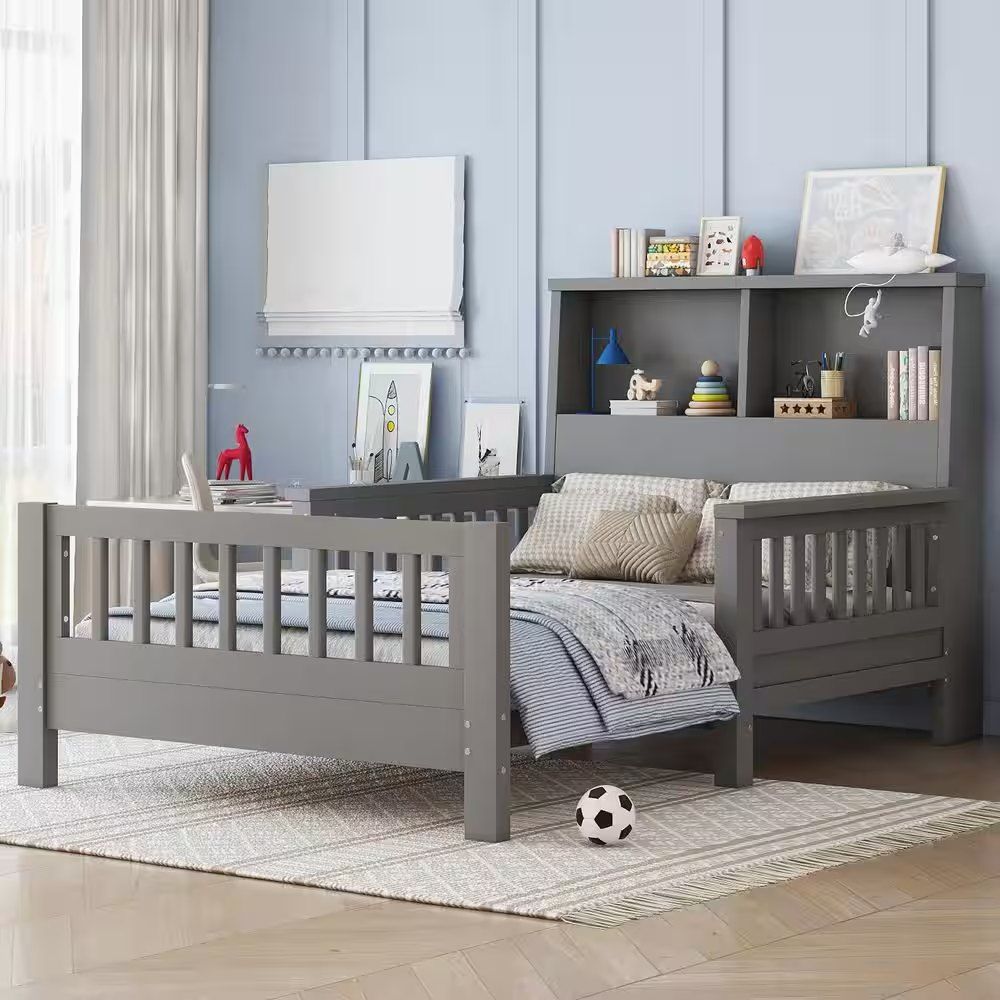Nestfair Gray Wood Frame Twin Bed with Storage