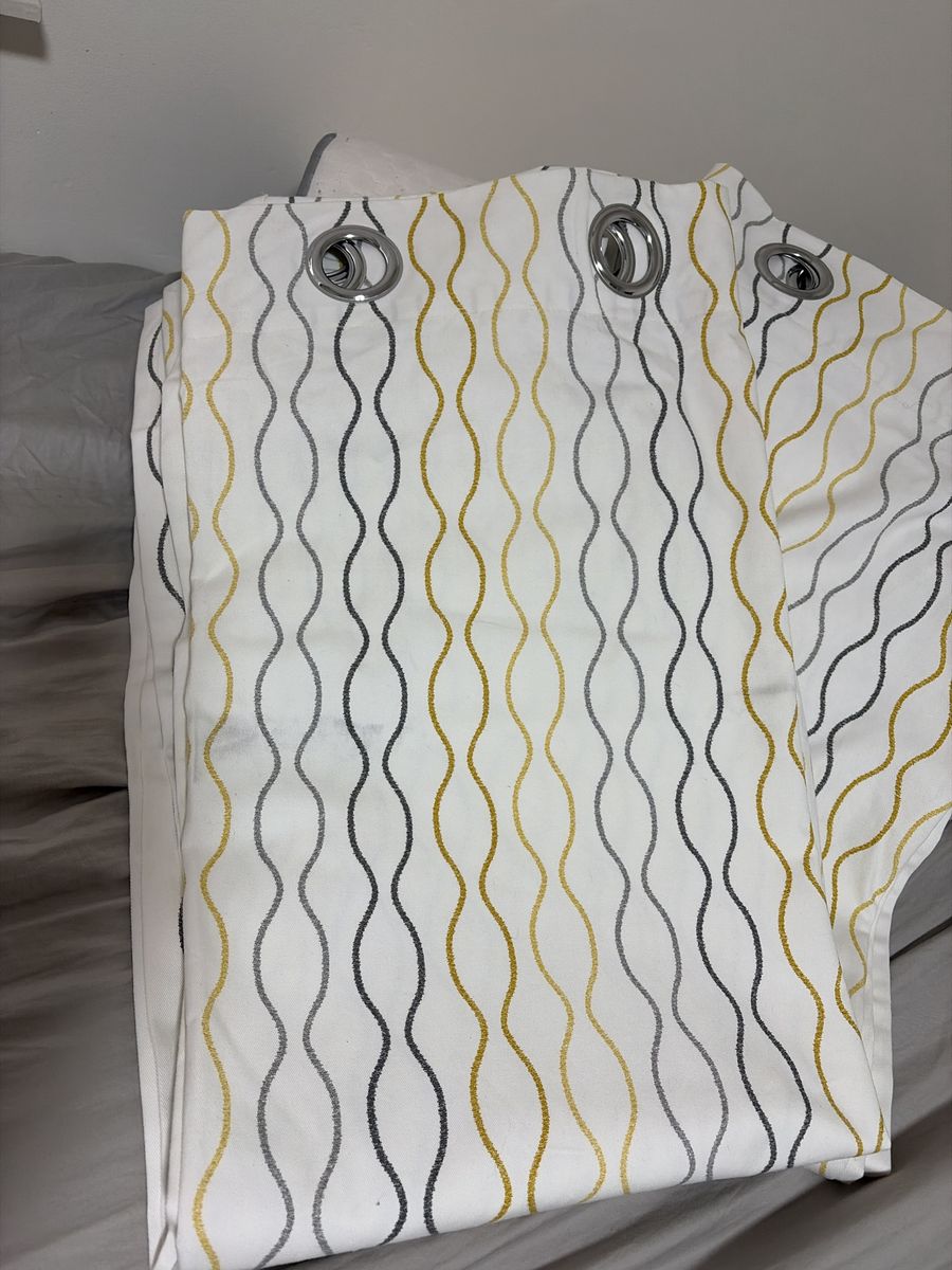 IKEA Henny Rand Grommet Curtain Panels White Yellow Grey Wavy Line Pattern Set of 2