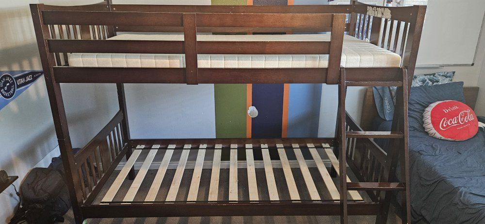 Wooden Bunk Bed Frame with Ladder and Guard Rails - Dark Finish