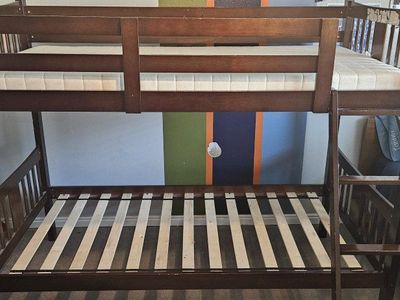 Wooden Bunk Bed Frame with Ladder and Guard Rails - Dark Finish