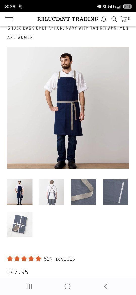 Reluctant Trading Cross Back Chef Apron - Navy with Tan Straps, Standard 34"