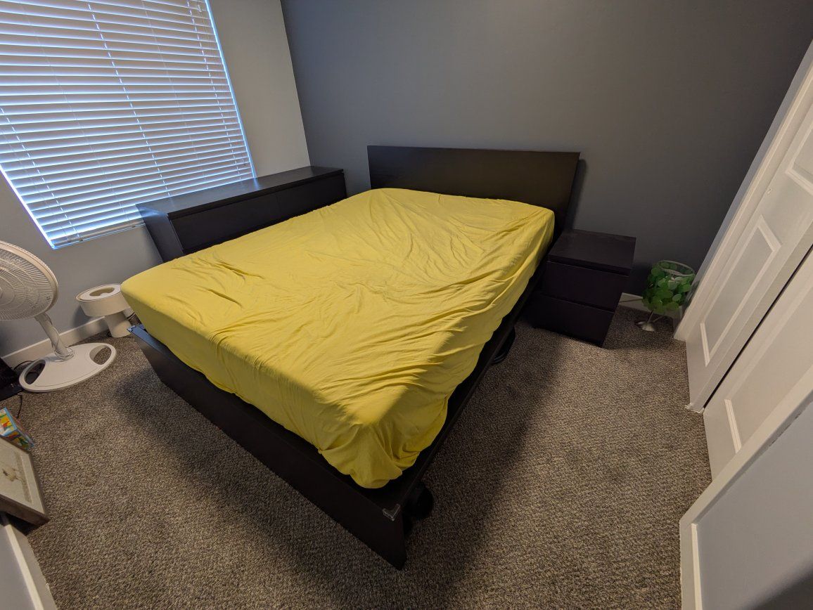 ikea malm queen bed set, night stand and dresser set
