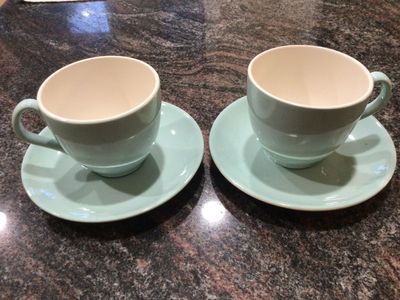 Retro FRANCISCAN CYPRESS 2 cups saucers aqua vintage 60s NICE