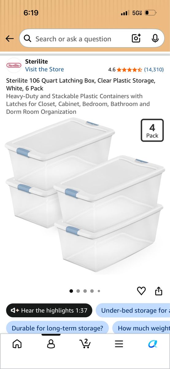 Sterilite 106 Quart Latching Box Clear Plastic Storage Container 4 Pack